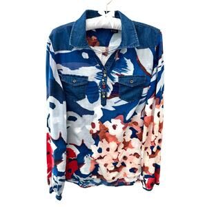 DESIGUAL Floral Denim Mixed Media Shirt Top Boho Artsy Colorful Print | Large